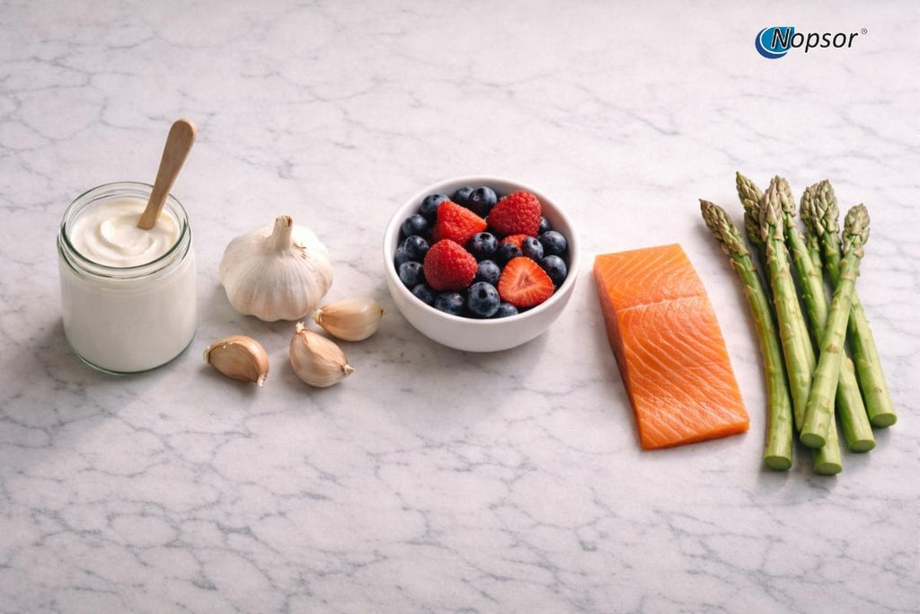 Healthful food items including yogurt, berries, salmon, and asparagus on a marble surface.