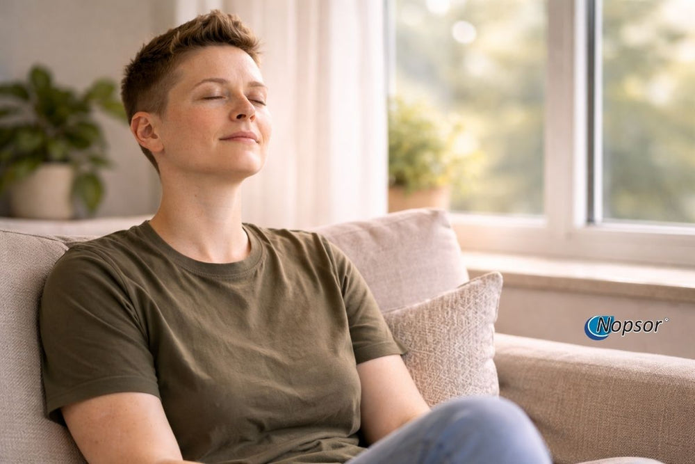 Person sitting on a couch with a blurred background, featuring a visible Nopsor logo.