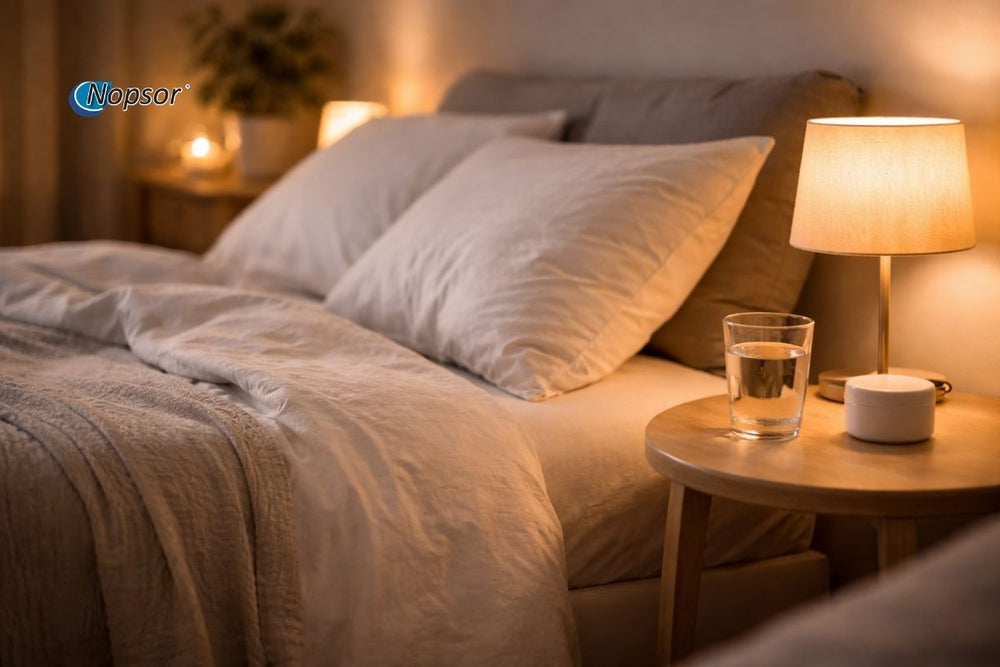 Cozy bedroom with a bed, nightstand, and lamp.