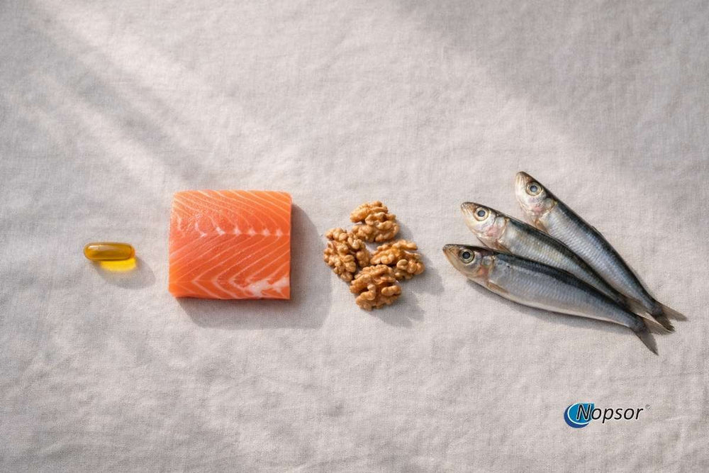 Fish, fish oil capsule, walnuts, and small fish on a textured surface with 'Nopsor' branding.