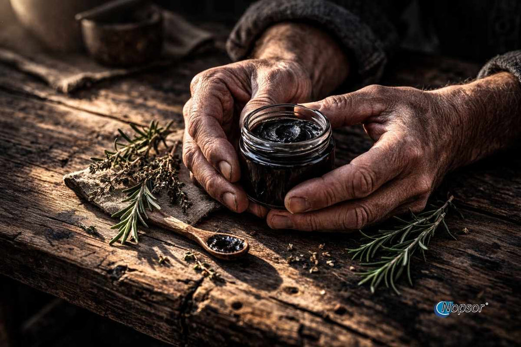 Old hands holding a small jar on a wooden surface with a dark background