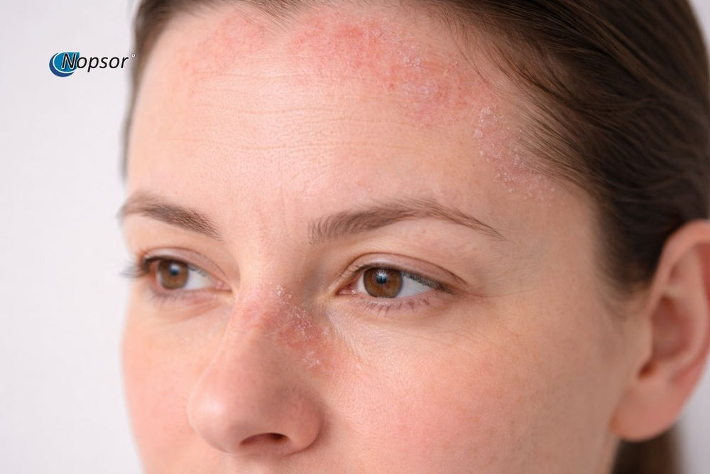 Close-up of a person's face with visible acne on a plain background