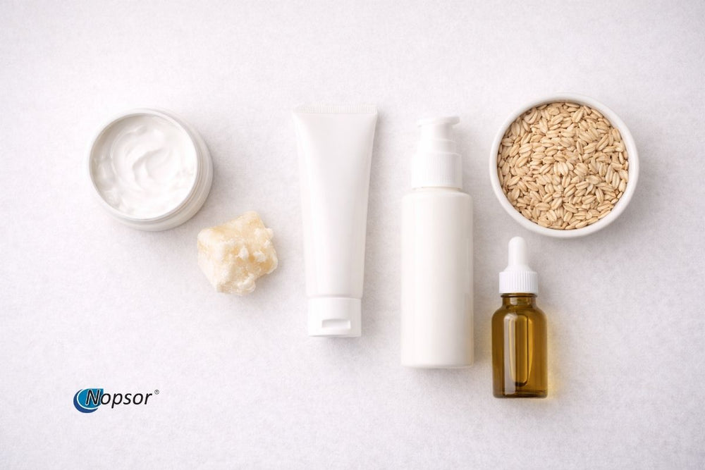 Cosmetic products including a bottle, cream, and oil on a light background