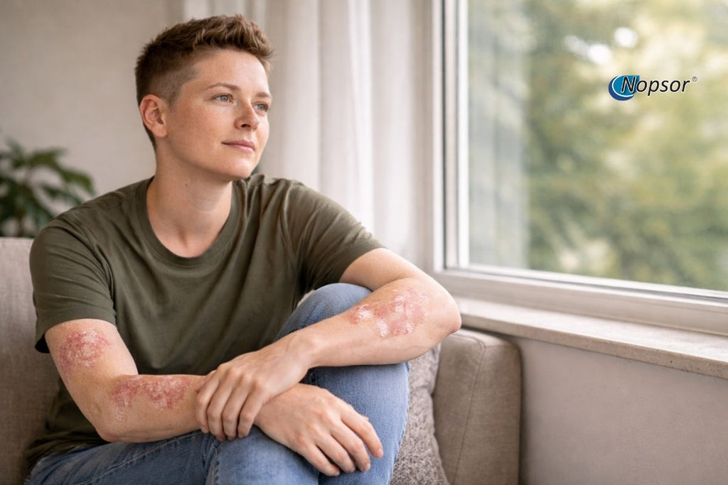 Person sitting on a couch with visible skin conditions, indoors.