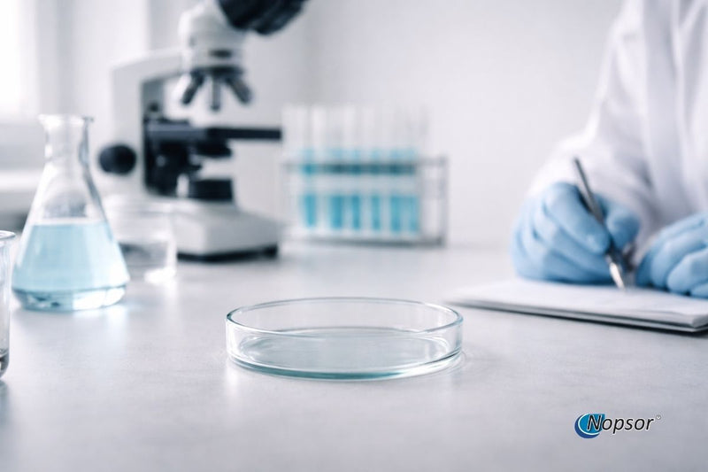 Laboratory setting with a scientist taking notes, wearing gloves, and using a microscope.
