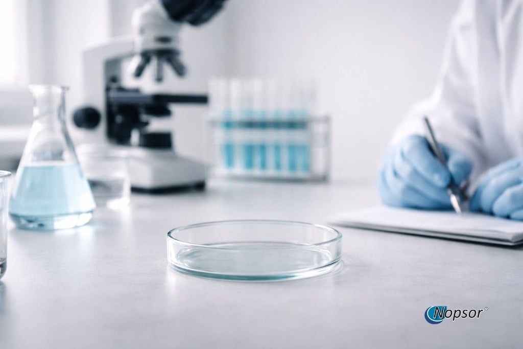 Laboratory setting with a scientist taking notes, wearing gloves, and using a microscope.