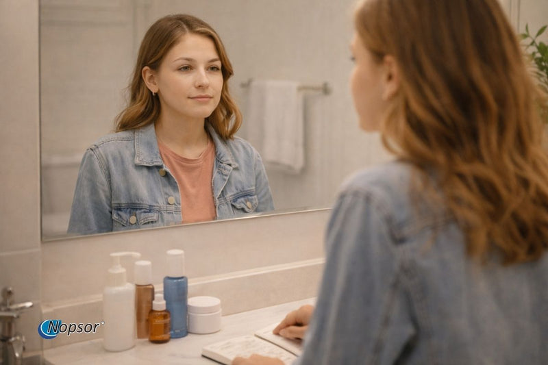 Woman looking at herself in the mirror with various bottles on the counter.