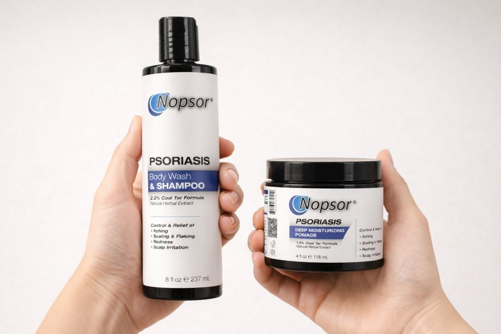 Nopsor Psoriasis body wash, shampoo, and cream held in hands against a white background