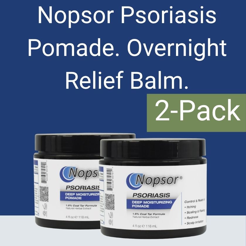 Two jars of Nopsor Psoriasis Pomade on a blue background with text about overnight relief balm.
