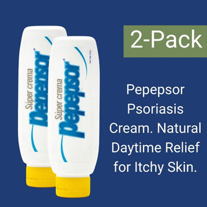 Two bottles of Pepepsor Psoriasis Cream on a blue background with text about natural daytime relief for itchy skin.