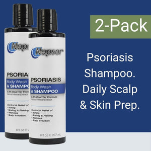 Two bottles of Nopsor Psoriasis Shampoo and Body Wash on a blue background with text.