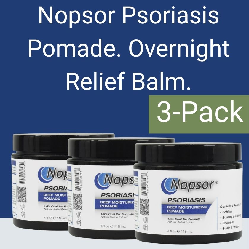 Three containers of Nopsor Psoriasis Pomade with a blue background and text.