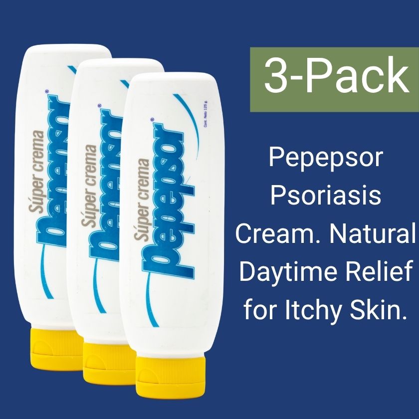 Three bottles of Pepepsor Psoriasis Cream on a blue background with text about natural daytime relief for itchy skin.