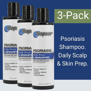 Three bottles of Nopsor Psoriasis Shampoo and Body Wash on a blue background with text indicating a 3-pack.