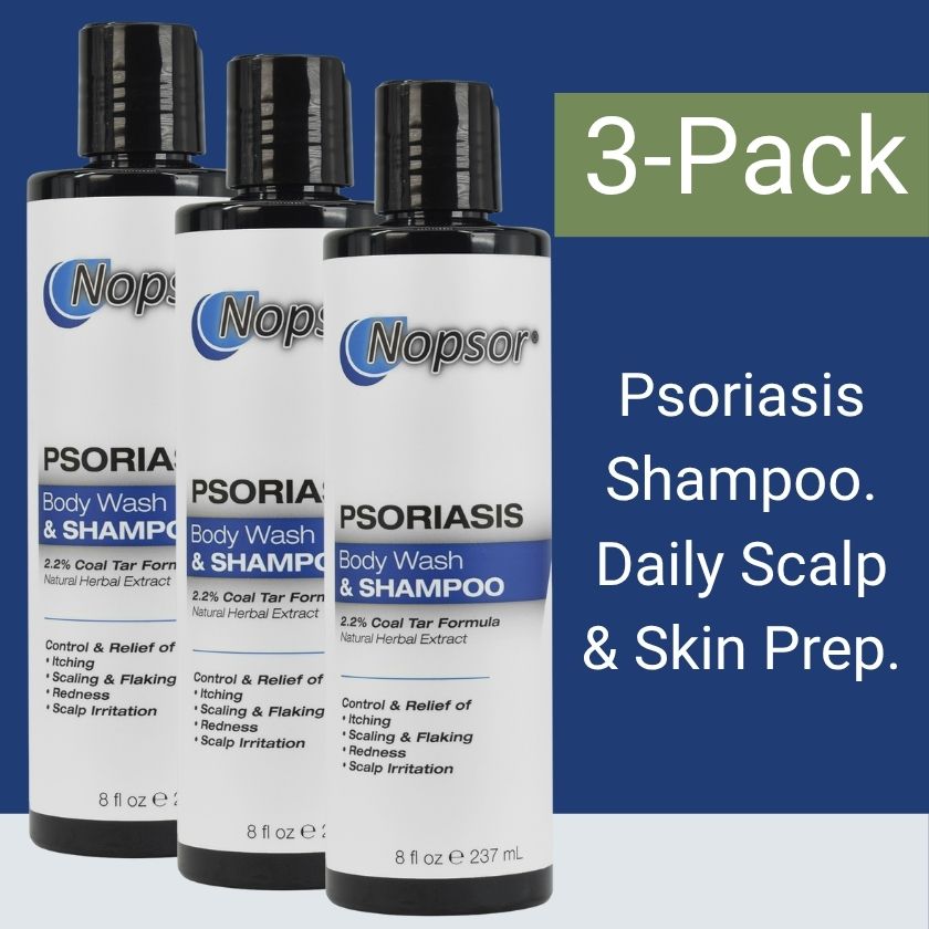 Three bottles of Nopsor Psoriasis Shampoo and Body Wash on a blue background with text indicating a 3-pack.