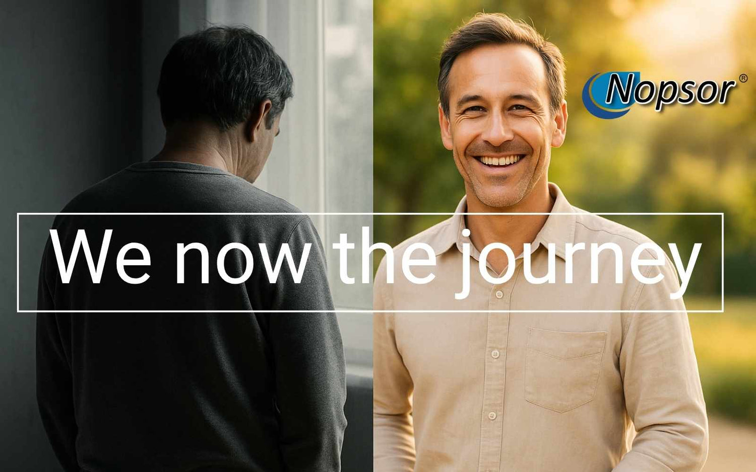 Two men, one in a dark shirt and the other in a light shirt, with text 'We now the journey' and Nopsor logo.