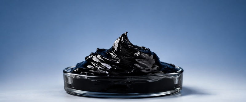 Black substance in a glass container on a blue background