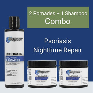 Nopsor psoriasis treatment products including a bottle and two jars on a blue background with text about a combo pack.