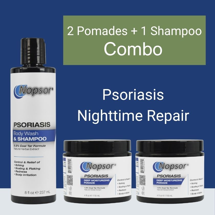 Nopsor psoriasis treatment products including a bottle and two jars on a blue background with text about a combo pack.