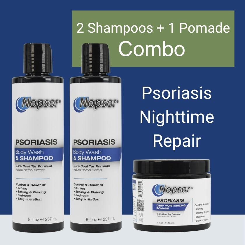 Nopsor Psoriasis Shampoo, Body Wash, and Pomade combo on a blue background