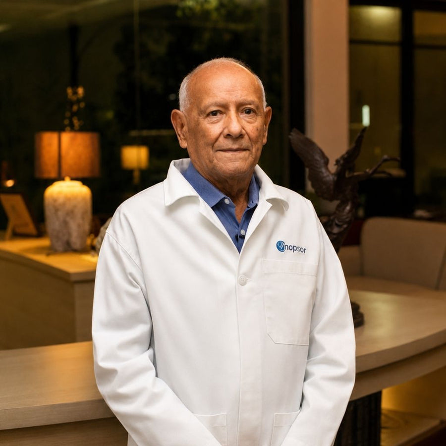 Man - Jose Luis Aguilar Sanchez - Nopsor Founder - wearing a white lab coat with Nopsor logo in an indoor setting