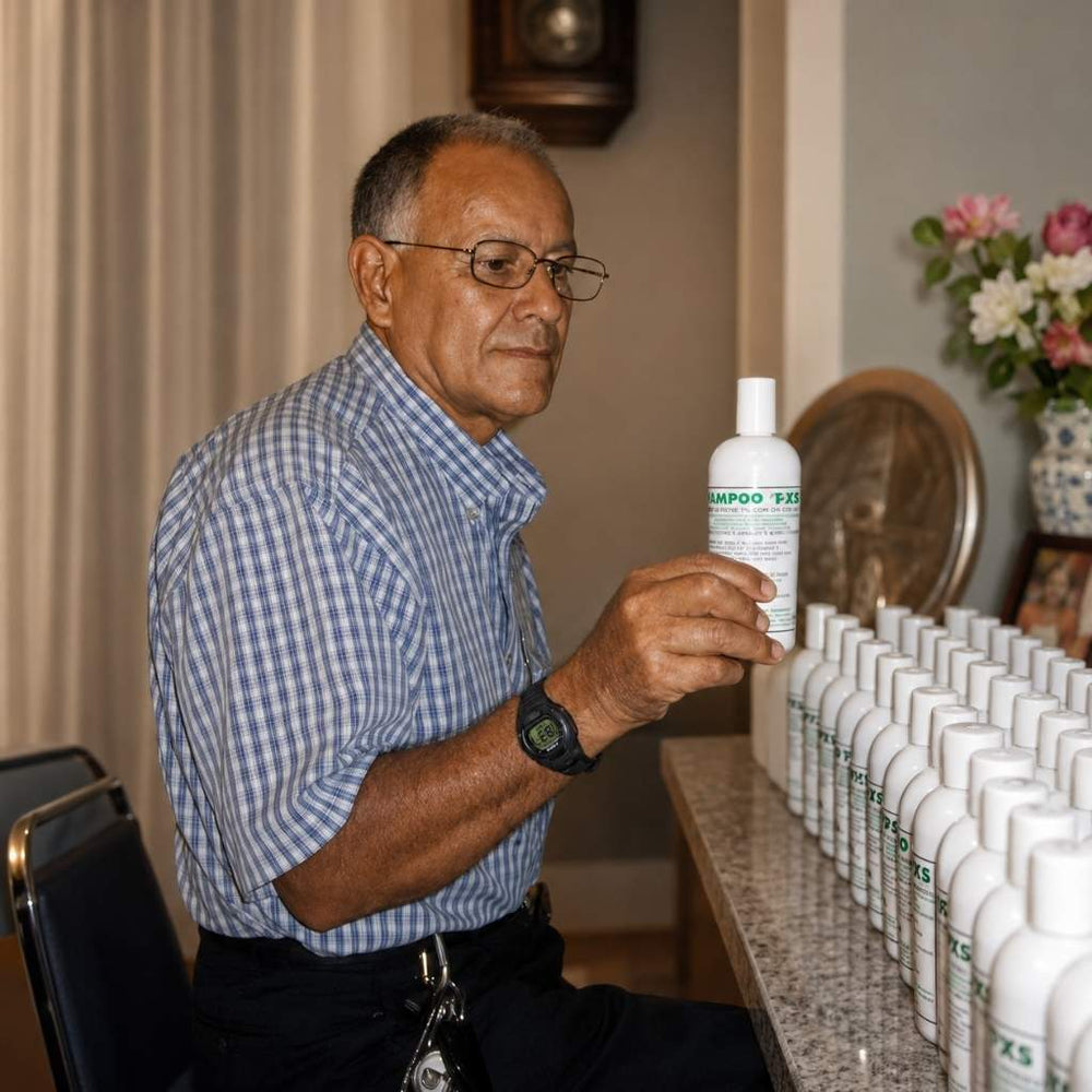 Man holding a bottle of shampoo next to rows of shampoo bottles on a counter.