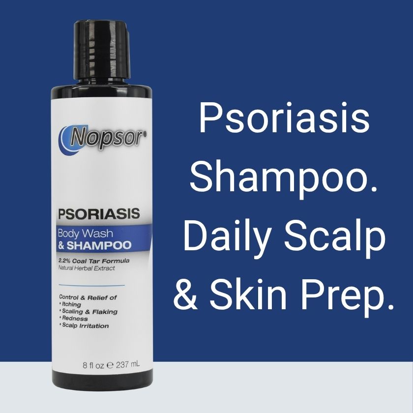 Nopsor psoriasis shampoo bottle on a blue background with text.