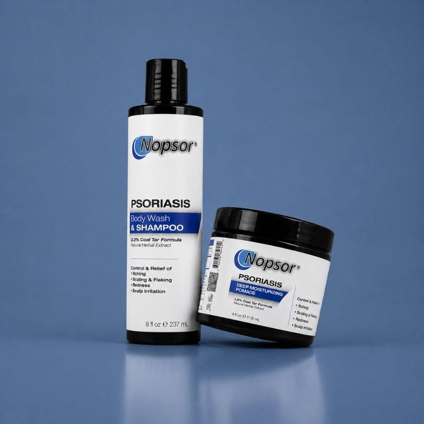 Nopsor Psoriasis Body Wash & Shampoo and Deep Nourishing Lotion on a blue background