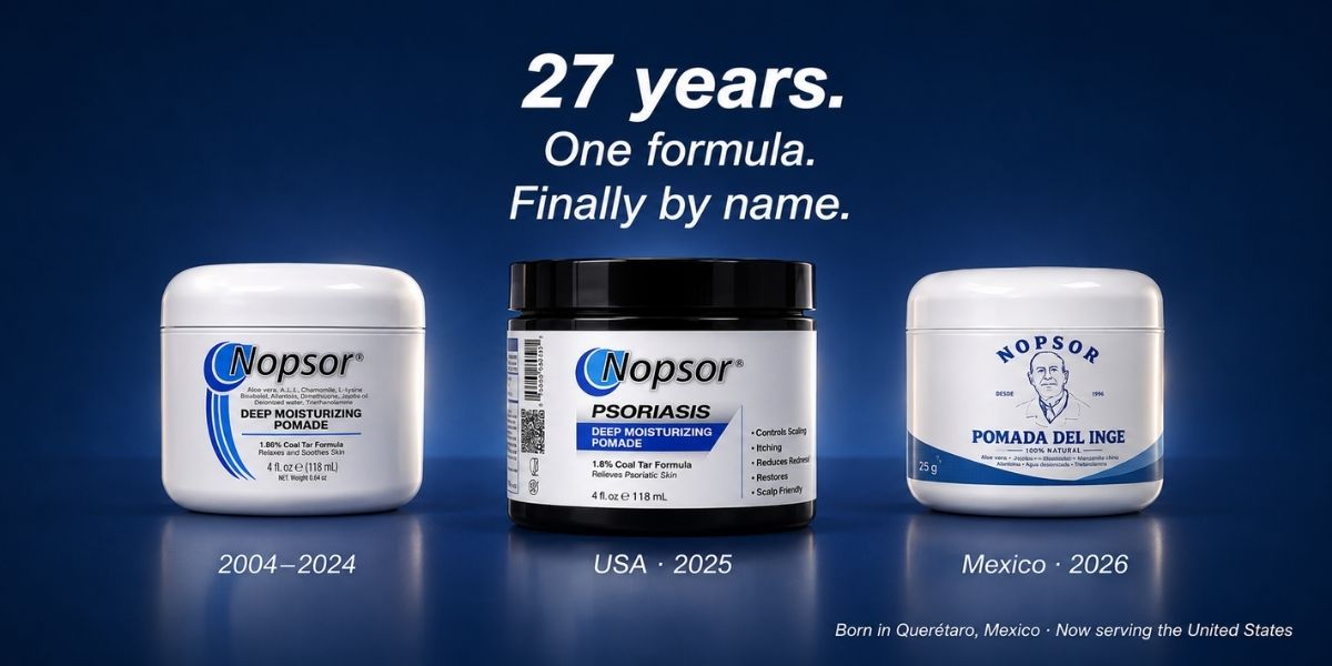 Three containers of Nopsor products with text celebrating 27 years and their availability in different countries.