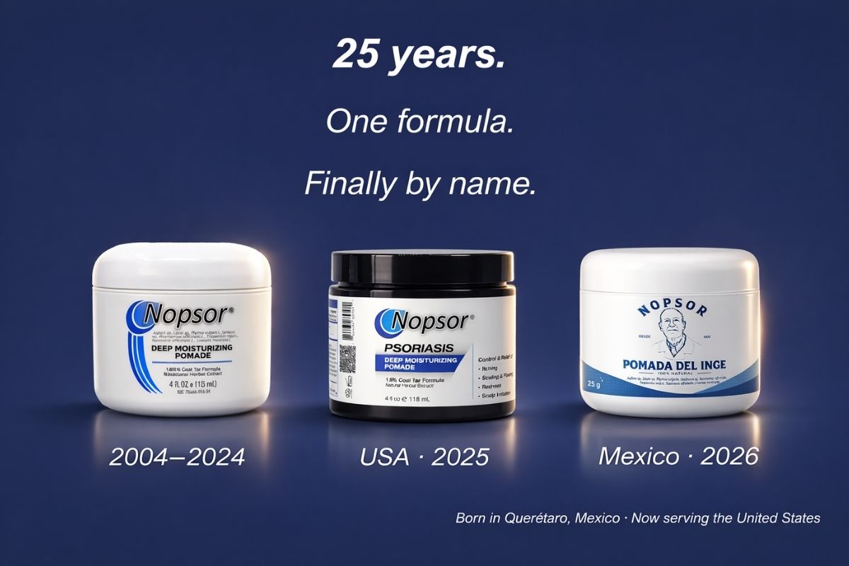 Nopsor formula evolution — three product generations across 25 years, from the original 2004 jar to the USA 2025 launch and Mexico 2026 redesign