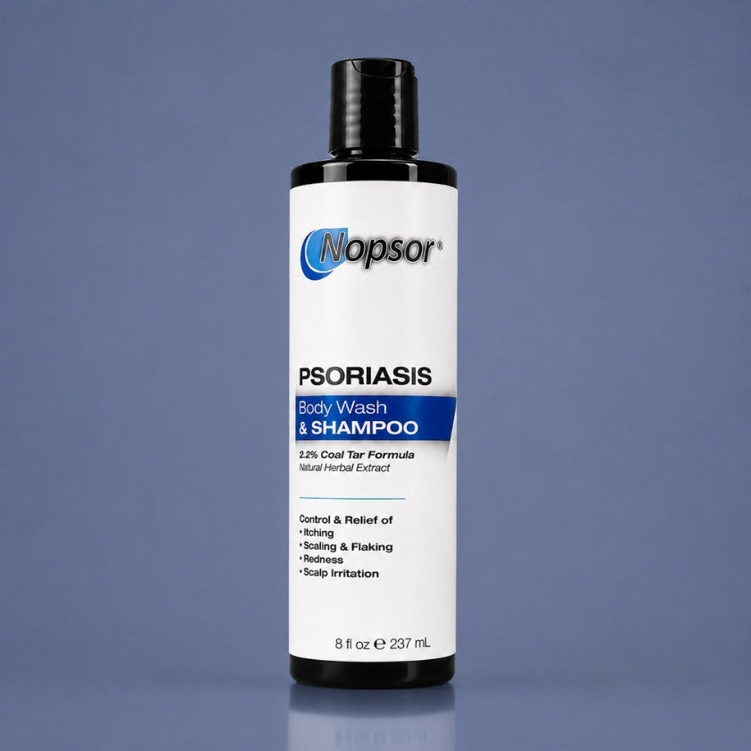 Nopsor USA Psoriasis Body Wash and Shampoo Product Image with blue background