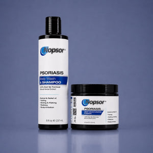 Nopsor USA Psoriasis Body Wash and Shampoo and Pomade Product Image with blue background