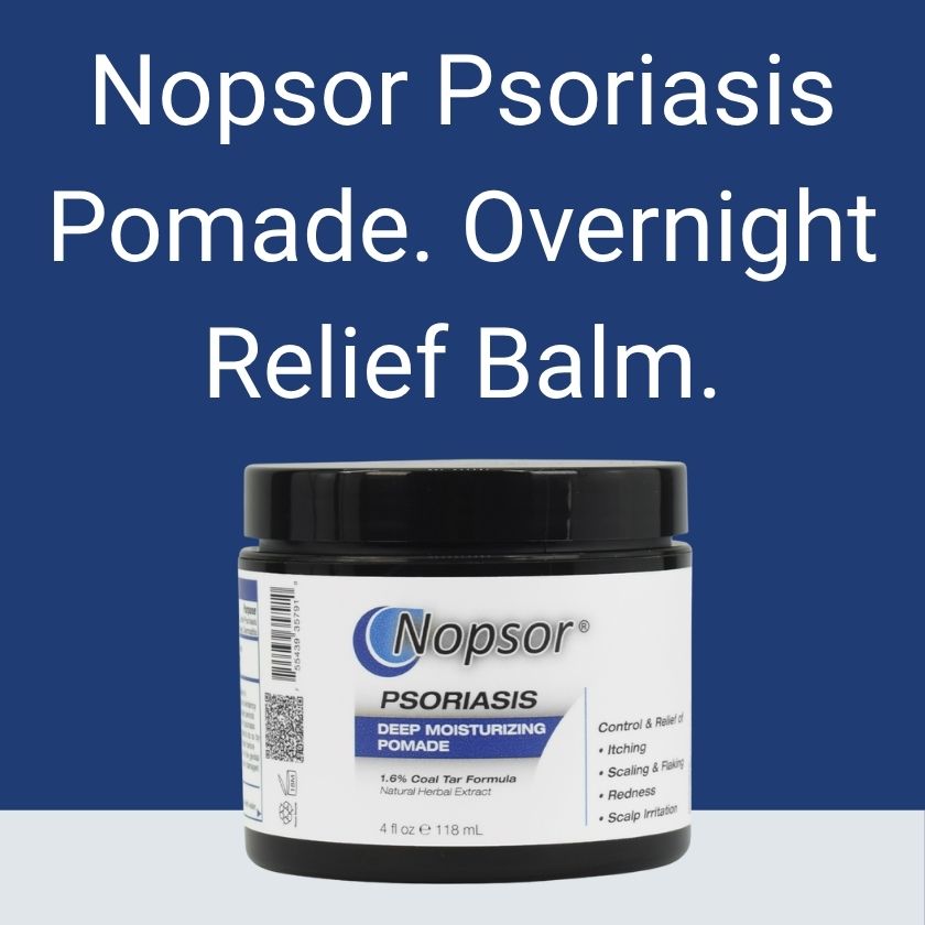 Nopsor Psoriasis Pomade jar with text on a blue background