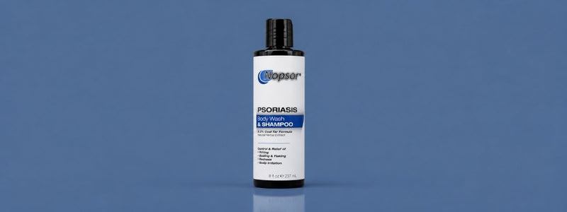 Shampoo bottle with label on a blue background