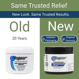 Comparison of Nopsor product packaging with 'Old' and 'New' labels on a green and white background.