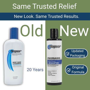 Comparison of Nopsor body wash & shampoo bottles with 'Old' and 'New' labels on a green background.