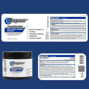 Nopsor Psoriasis Deep Moisturizing Pomade packaging with label on a blue background