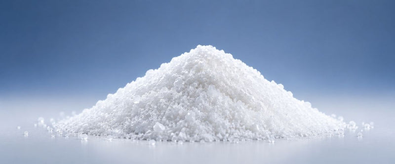 Pile of white salt crystals on a gradient blue and gray background