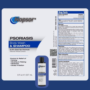 Nopsor Psoriasis Body Wash & Shampoo packaging with product image and label details.