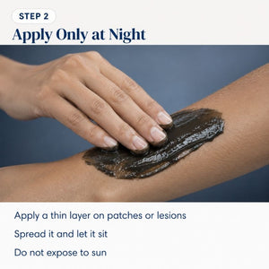 Step-by-step guide on applying a thin layer of cream or ointment at night, with a hand applying it to skin.