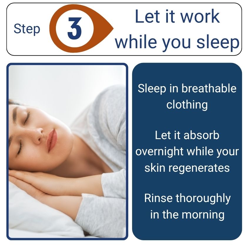 Step 3 of a skincare routine with a person sleeping and text on breathable clothing and regeneration.