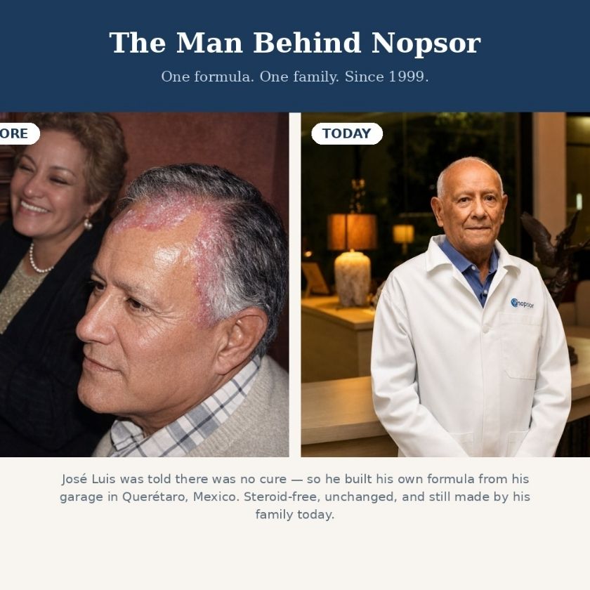 A promotional collage with the headline 'The Man Behind Nopsor' and two side-by-side photos of an older man, labeled 'MORE' and 'TODAY,' with a short narrative at the bottom about José Luis and Nopsor.